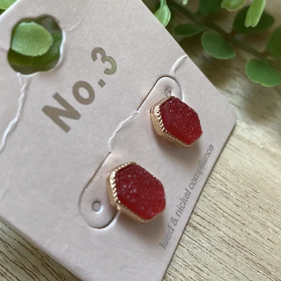🎉HP🎉 No. 3 Stud Sparkle Druzy Earrings 💗 Red & Gold - Picture 4 of 9